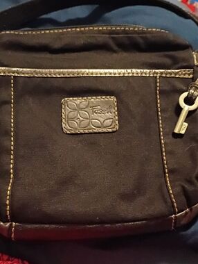 Fossil Black Nylon Crossbody with Brown Leather Trim